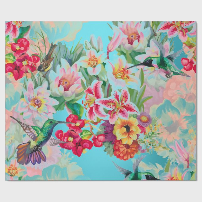 Floral Mint Garden Turquoise Pink Pastel Bird Wrapping Paper (Flat)