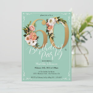 Floral Mint Gold Vintage Glamourous 60th Birthday  Invitation