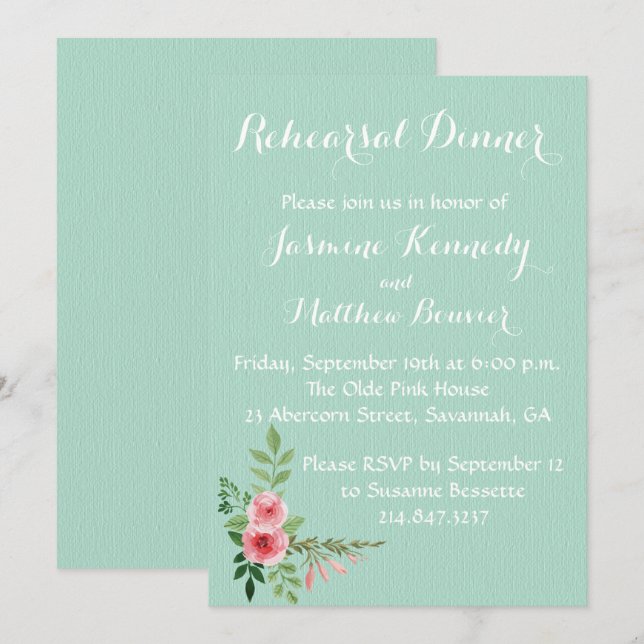 Floral Mint Wedding Rehearsal Pink Rose Flower Invitation (Front/Back)