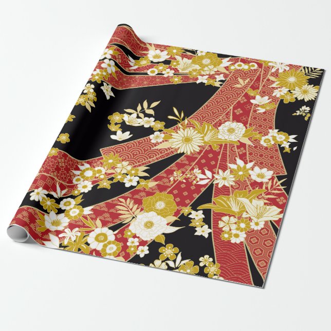 Floral Mix Kimono Pattern Wrapping Paper (Unrolled)