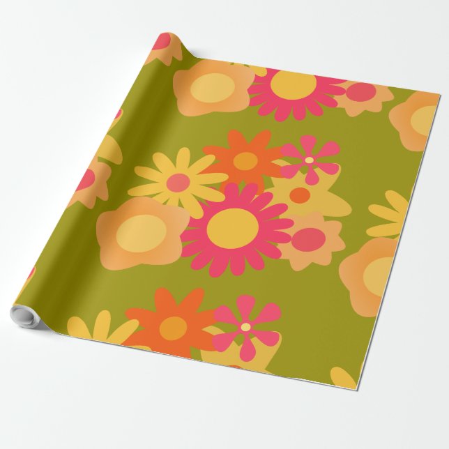 floral mod vintage pink green wrapping paper (Unrolled)