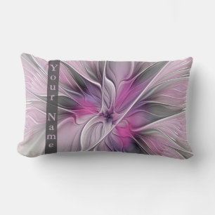 Floral Modern Abstract Art Flower Pink Grey Name Lumbar Pillow