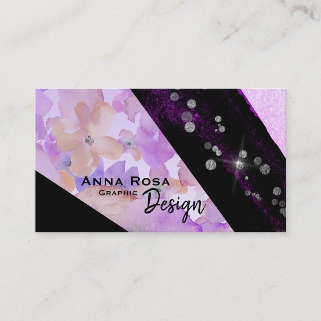 *~* Floral Modern Abstract Glitter Geometric Black Business Card (Front)