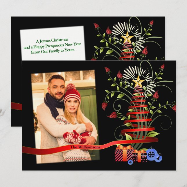 Floral Modern Art Christmas Tree Photo Holiday Card (Front/Back)