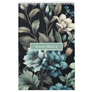 Floral modern black blue girly elegant stylish calendar