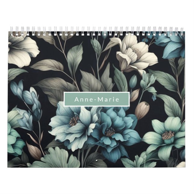 Floral modern black blue girly elegant stylish calendar (Cover)