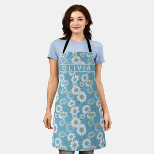 Floral modern daisy blue girly elegant stylish apron
