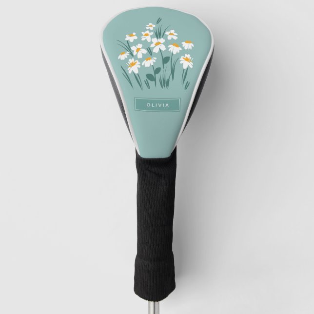 Floral modern daisy blue girly elegant stylish golf head cover (Front)