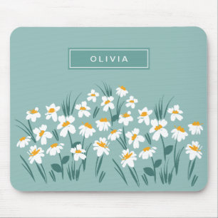 Floral modern daisy blue girly elegant stylish mouse pad