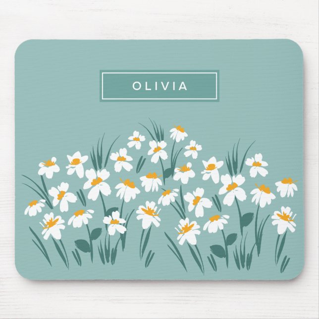 Floral modern daisy blue girly elegant stylish mouse pad (Front)