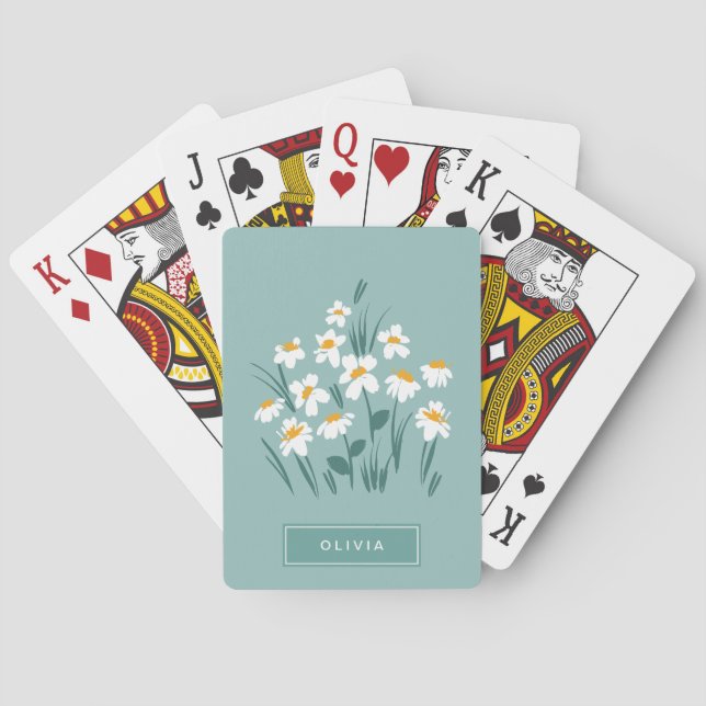 Floral modern daisy blue girly elegant stylish playing cards (Back)