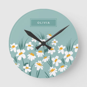 Floral modern daisy blue girly elegant stylish round clock