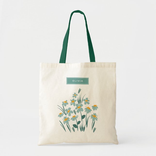Floral modern daisy blue girly elegant stylish tote bag (Front)