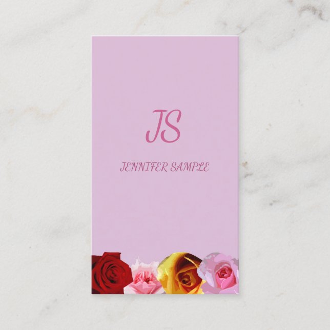 Floral Modern Elegant Monogram Vertical Roses Chic Business Card (Front)