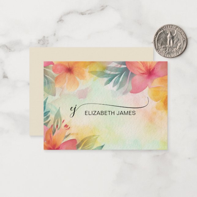 Floral Modern Elegant Script Monogram Initials  Card (Front/Back In Situ)