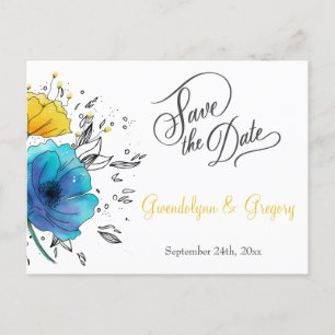 Floral modern flowers qr code non photo blue announcement postcard