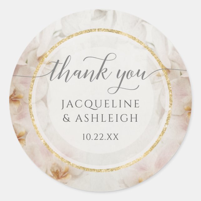 Floral Modern Geometric Gold Glitter Thank You Classic Round Sticker (Front)