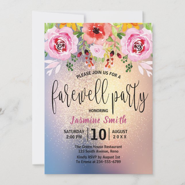 Floral Modern Gold Glitter Farewell Party Invitation (Front)