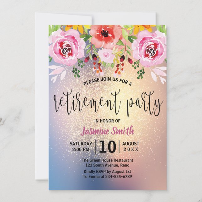 Floral Modern Gold Glitter Retirement Party Invitation (Front)