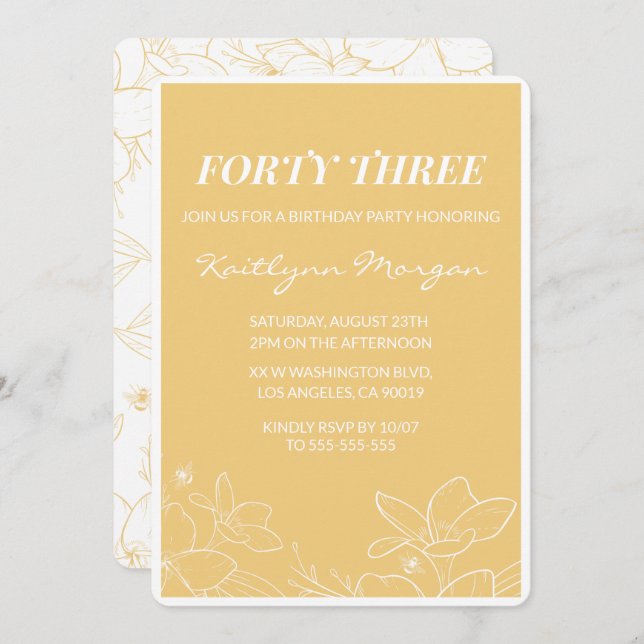 Floral Modern Jaune invitations à 43e anniversaire (Devant / Derrière)