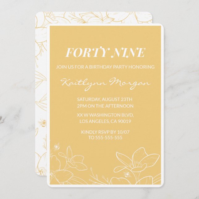 Floral Modern Jaune invitations à 49e anniversaire (Devant / Derrière)