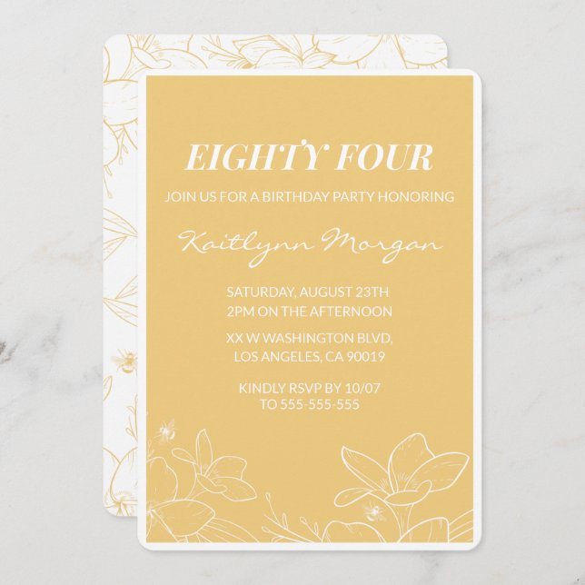 Floral Modern Jaune invitations à 84e anniversaire (Devant / Derrière)