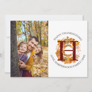 Floral Modern Monogram thanksgiving family photo Holiday Card