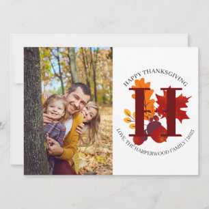Floral Modern Monogram thanksgiving family photo Holiday Card