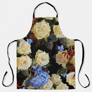 Floral modern pattern, white roses, blue hydrangea apron