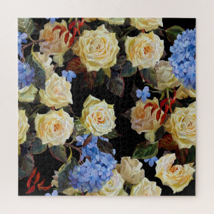 Floral modern pattern, white roses, blue hydrangea jigsaw puzzle