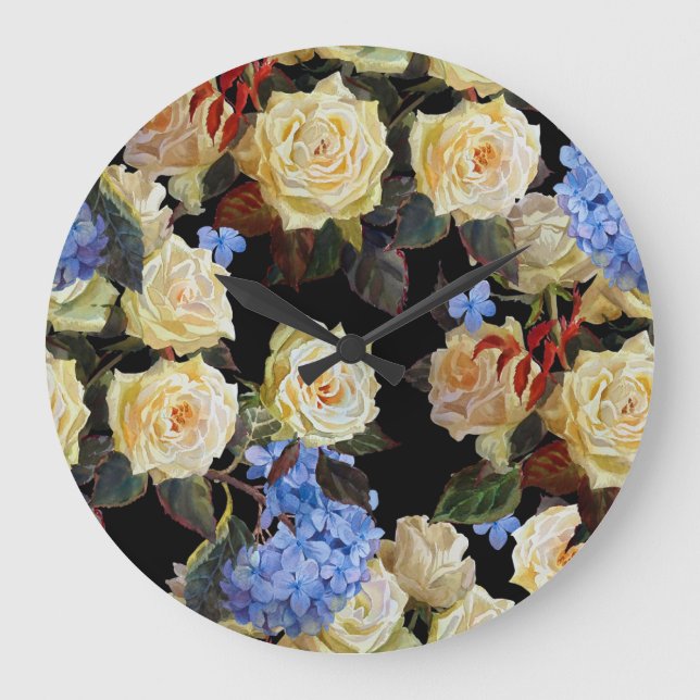 Floral modern pattern, white roses, blue hydrangea large clock (Front)
