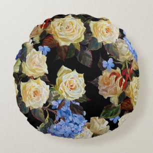 Floral modern pattern, white roses, blue hydrangea round pillow