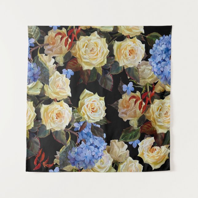 Floral modern pattern, white roses, blue hydrangea tapestry (Front)