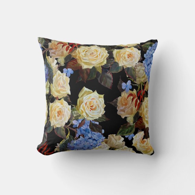 Floral modern pattern, white roses, blue hydrangea throw pillow (Front)