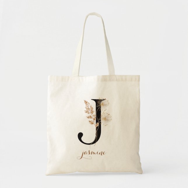 Floral Modern Personalized Monogram Letter "J" Tote Bag (Front)