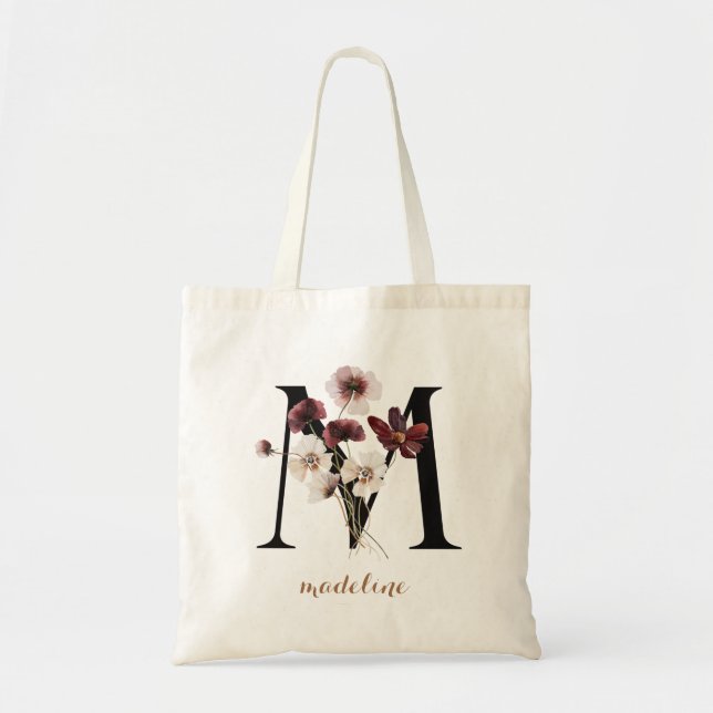 Floral Modern Personalized Monogram Letter "M" Tote Bag (Front)