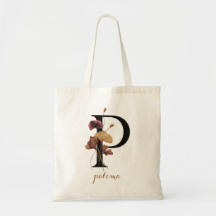 Floral Modern Personalized Monogram Letter "P" Tote Bag