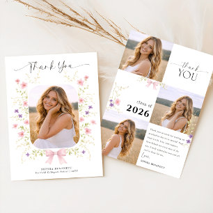 Floral Modern Photo Collage Pink Bow Graduation Thank You Card