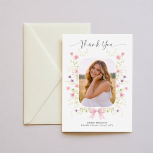 Floral Modern Photo Pink Bow Graduation Thank You Postcard