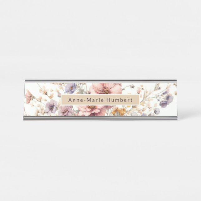 Floral modern pink girly elegant stylish desk name plate (Front)
