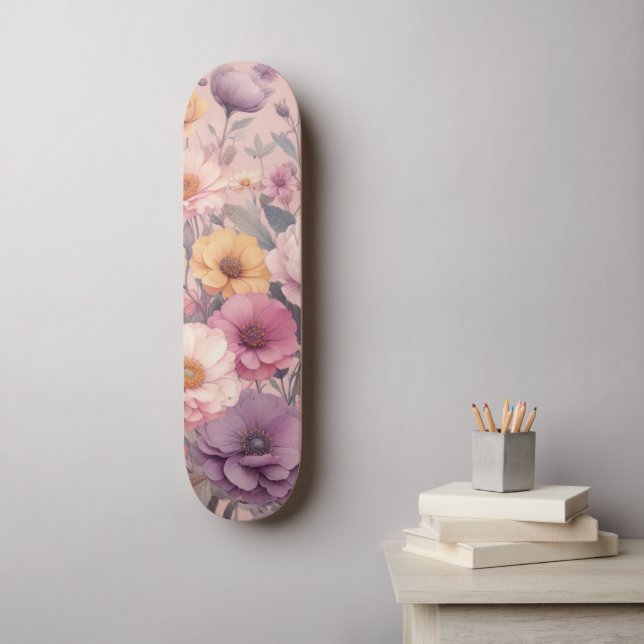 Floral modern rose pink girly elegant stylish  skateboard (Wall Art)