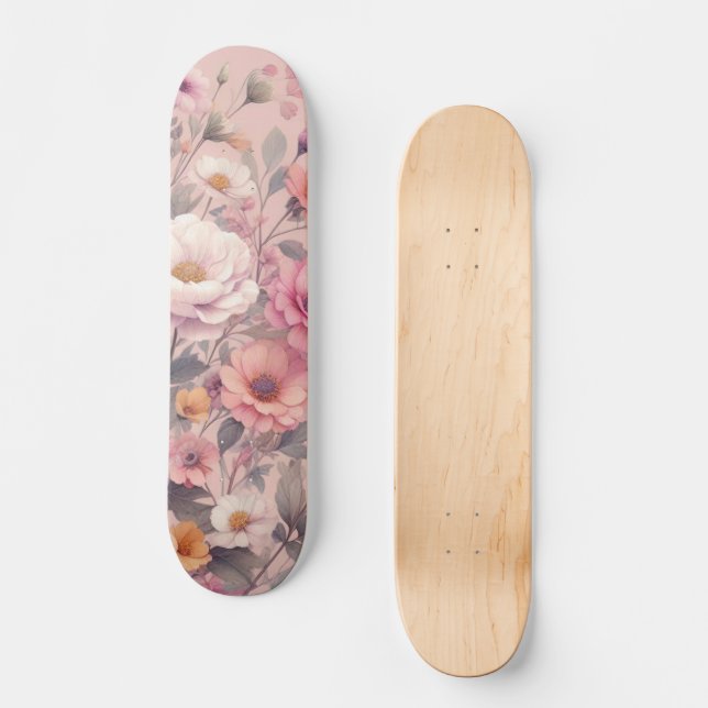Floral modern rose pink girly elegant stylish  skateboard (Front)
