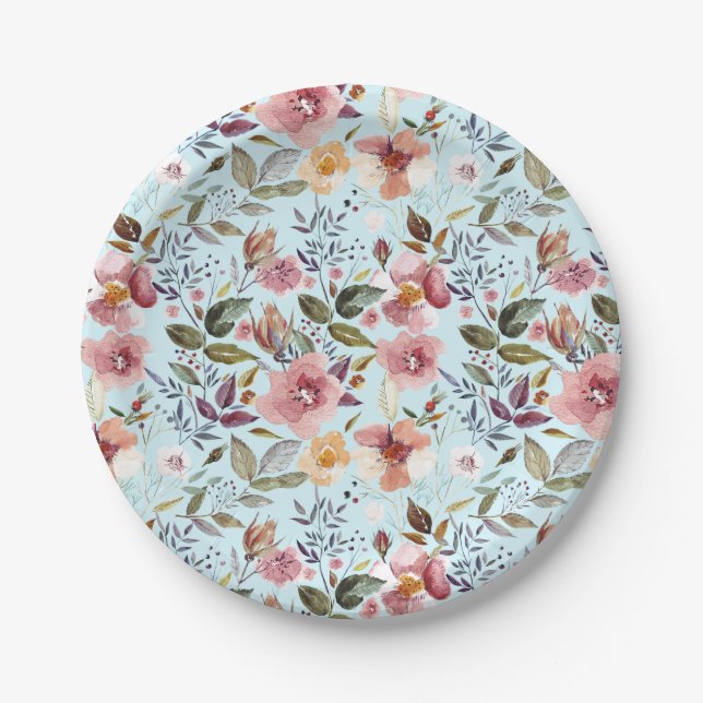 Floral Modern Summer Flower Pattern on Teal Paper Plate (Front)