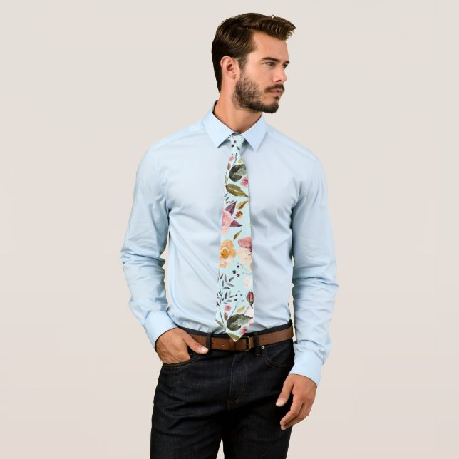 Floral Modern Summer Flower Pattern on Teal Tie (In Situ)