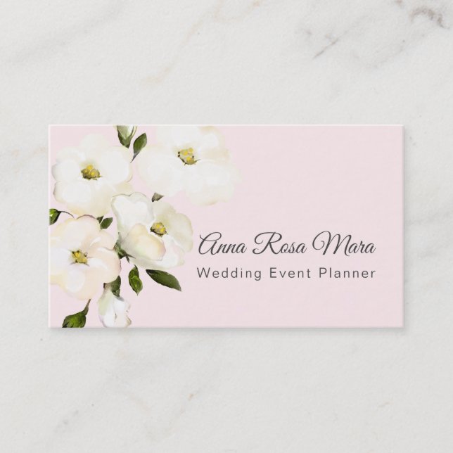 *~* Floral Modern Watercolor White Roses Pink Business Card (Front)