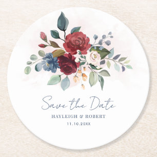 Floral Modern Wedding Save the Date Round Paper Coaster