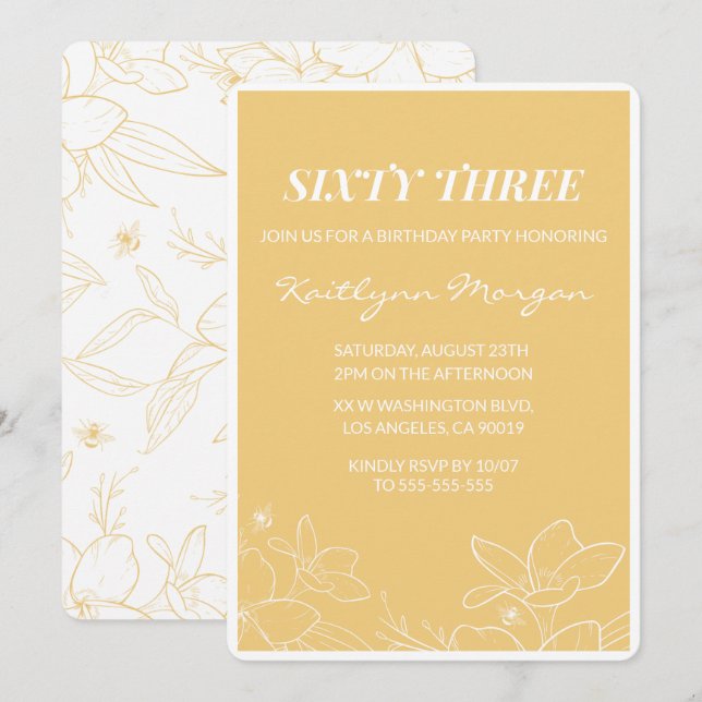 Floral Modern Yellow 63rd birthday invitations  (Front/Back)