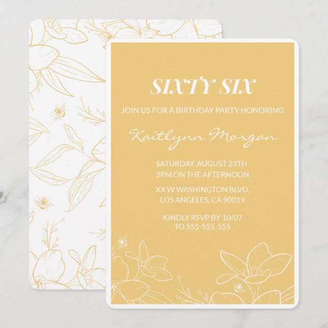Floral Modern Yellow 66th birthday invitations  (Front/Back)