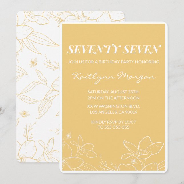 Floral Modern Yellow 77th birthday invitations  (Front/Back)