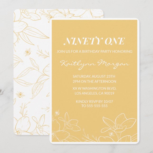 Floral Modern Yellow 91st birthday invitations  (Front/Back)